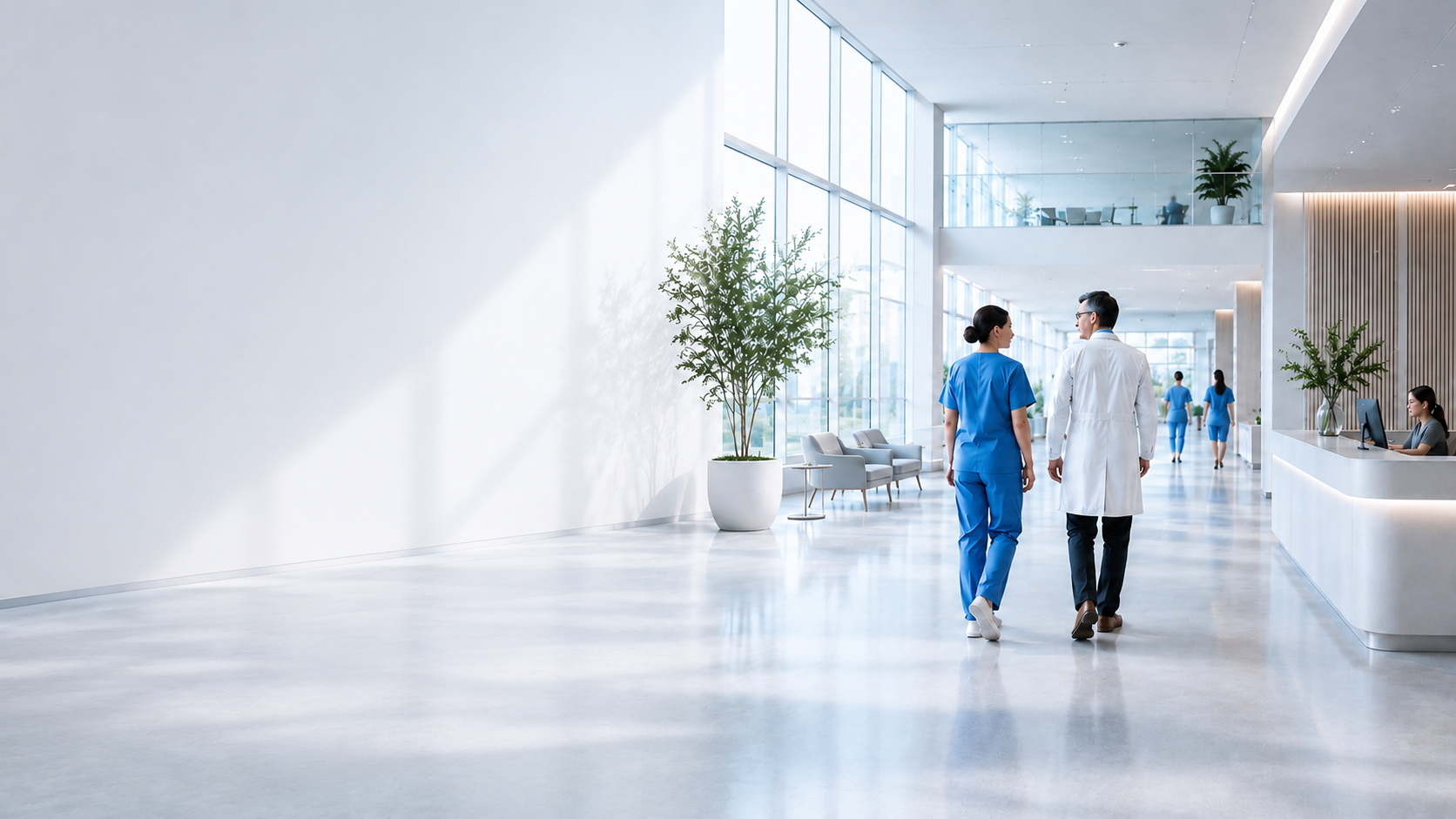 Hospital corridor, two clinicians walking